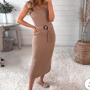 Tan midi dress, belted at waist, ribbed w/ stretch tan dress